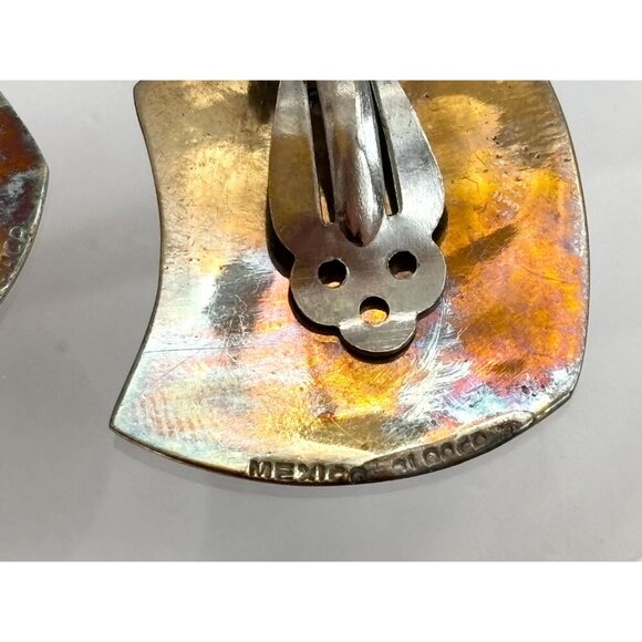 Modernist Sterling Silver Vermeil Taxco Mexican Abalone Vintage Clip On Earrings - Picture 8 of 10